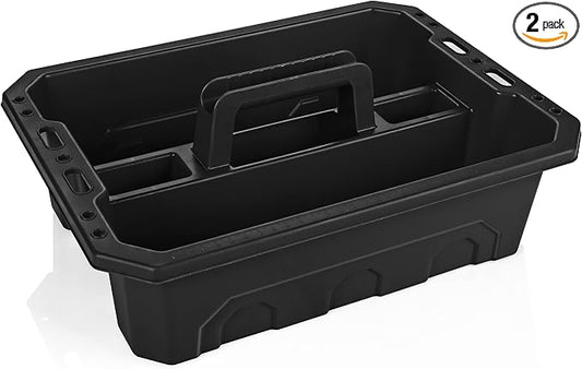 CANOPUS Storage Tray Tote with Functional Holes - 2 PCs Plastic Cleaning Caddy with Handle, Portable Caddy, Undersink Storage for Kitchen, Shoe Cleaning Box, Products Organizer, Black
