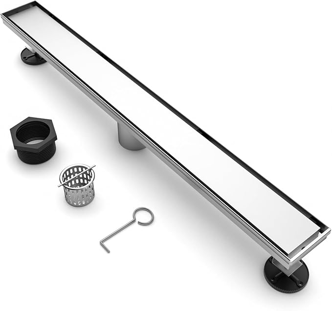BARONAGE 36 Inch Linear Shower Drain, Rectangle Shower Floor Drain with 2-in-1 Flat & Tile Insert Cover, 304 Stainless Steel Bathroom Drains with Hair Catcher and Leveling Feet (Brushed Nickel)