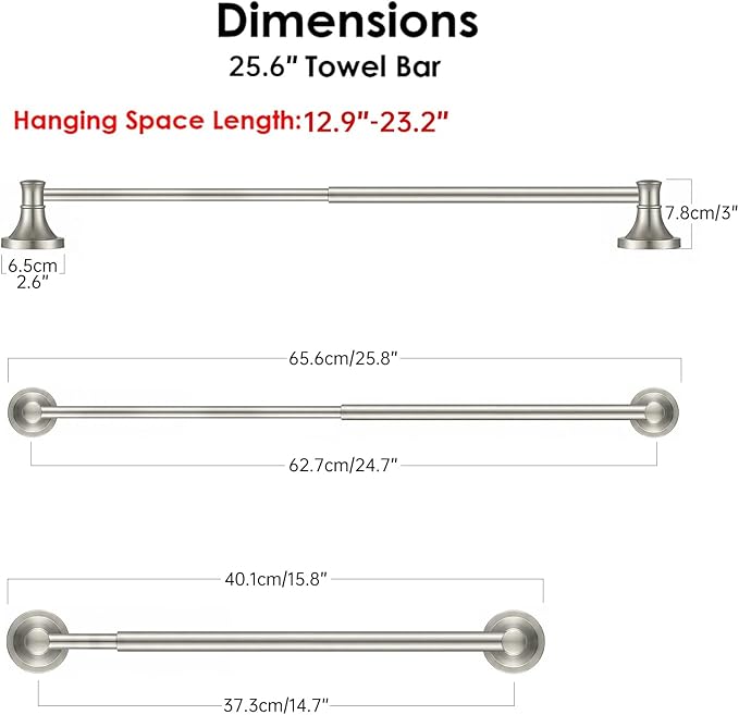 BESy Adjustable 16 to 26 Inch Bath Towel Bar Rack for Bathroom Towel Holder, Wall Mounted Towel Bar Rod Hanger Bathroom Hardware Accessories Hotel Style, Stainless Steel, Brushed Nickel