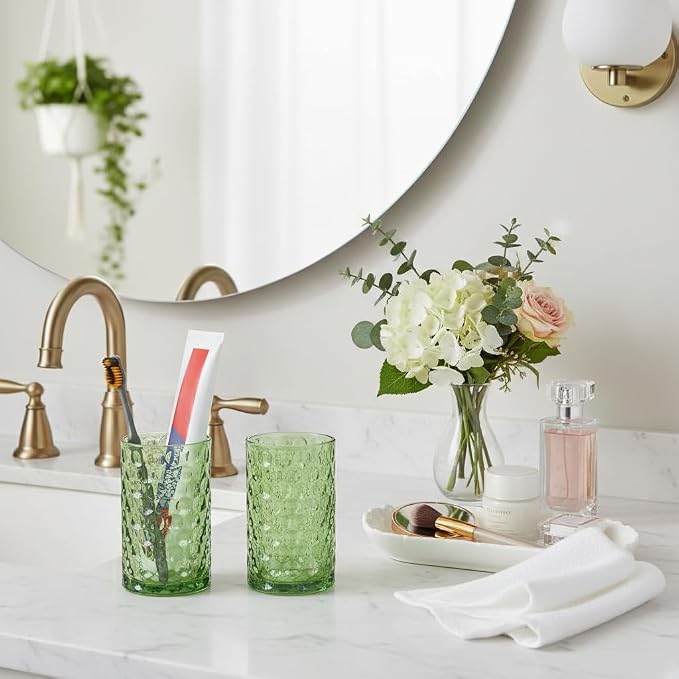 Bathroom Toothbrush Holder Set, 11oz Green Glass Toothbrush Holder and Bathroom Tumbler Cup Set, Decorative Countertop Storage Cups Organizer for Toothpaste, Brushes