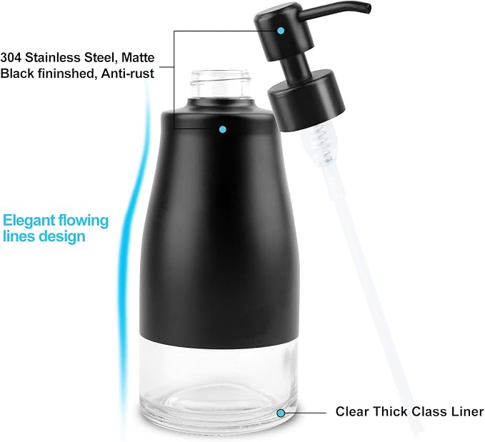 AUMIO Dish Soap Dispenser with Stickers, 2 Pack Kitchen Dish Refillable Liquid Dispensers, Stainless Steel Case Glass Liner Soap Dispenser for Bathroom Kitchen, Matte Black (10 OZ./ 300ML)