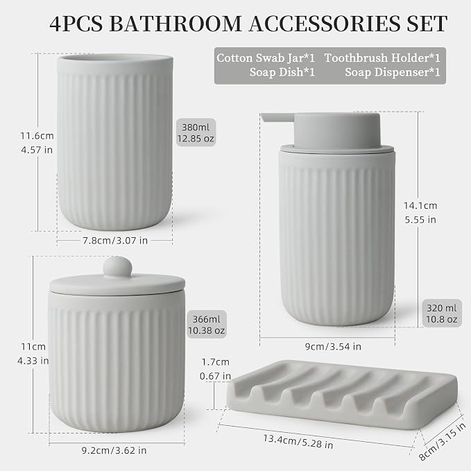 BosilunLife Light Grey Ceramic Bathroom Accessories Set of 4 | Bathroom Decor Sets Accessories Bathroom Lotion Soap Dispenser and Toothbrush Holder Set, Soap Dish, Apothecary Jars.(Liquid)