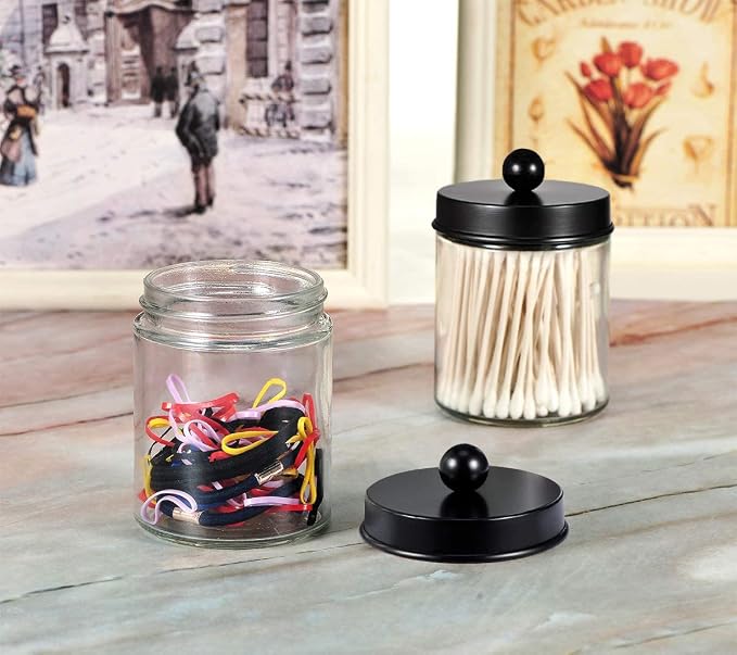 Amolliar 4 Pack Glass Apothecary Jars Bathroom Vanity Storage Organizer Set-Qtip Dispenser Holder with Stainless Steel Lids &Cute Stickers-Countertop Canister for Qtips,Cotton Swabs,Makeup Sponges