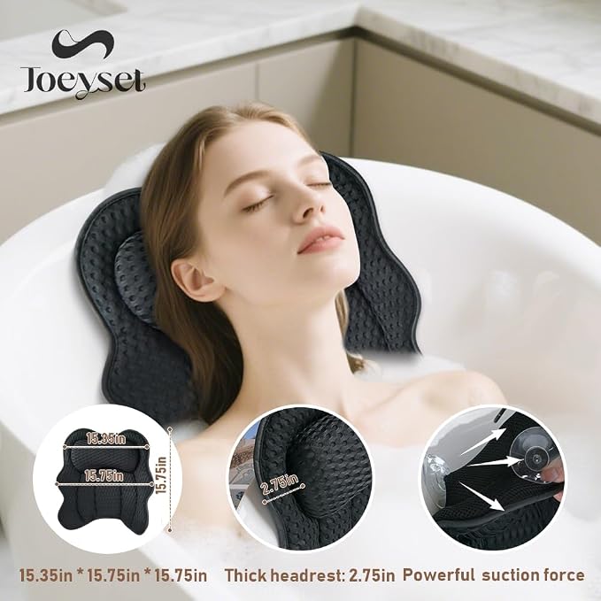 Bath Pillow for Tub, 4D Air Mesh Breathable Fabric, Soft Supportive Bathtub Cushion for Head Neck Back, Ergonomic Spa Pillow with Strong Suction Cups, Quick-Drying, Machine Washable (Black)