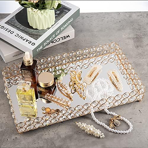 Feyarl Crystal Perfume Fragrance Tray Cosmetic Makeup Vanity Tray Jewelry Trinket Ring Earring Display Organizer Decorative Skin Care Storage for Home Dresser Countertop(13.7 x 7.87 inch)
