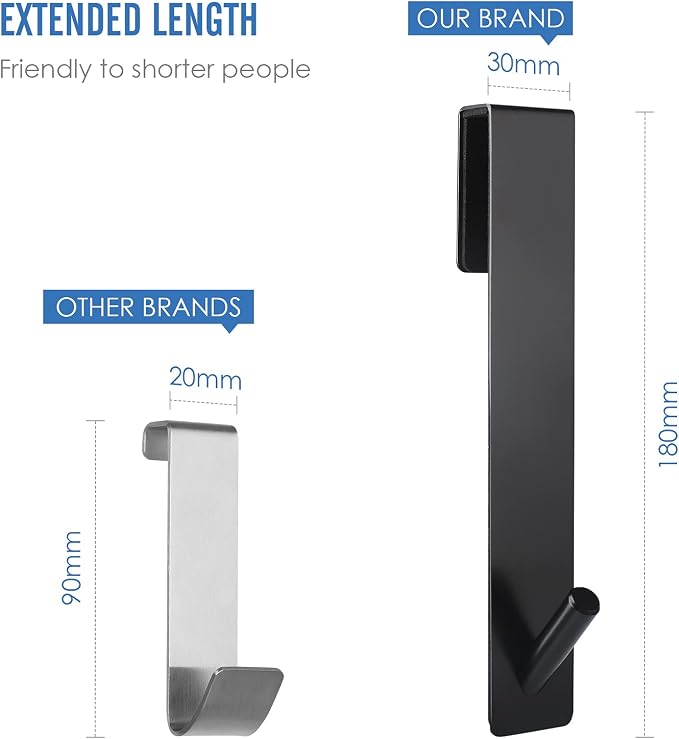 Simtive Extended Shower Door Hooks (7-Inch), Over Door Hooks for Bathroom Frameless Glass Shower Door, Towel Hooks, 2-Pack, Black