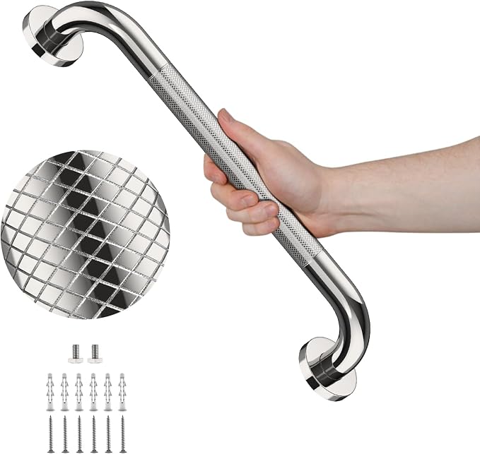 20 Inch Anti Slip Shower Grab Bar, YuanDe Polished Chrome Stainless Steel Bath Grab Bar, Knurled Bathroom Safety Rail, Shower Handrail Support, Handicap Elderly Balance Assist Handles-1.25" Diameter