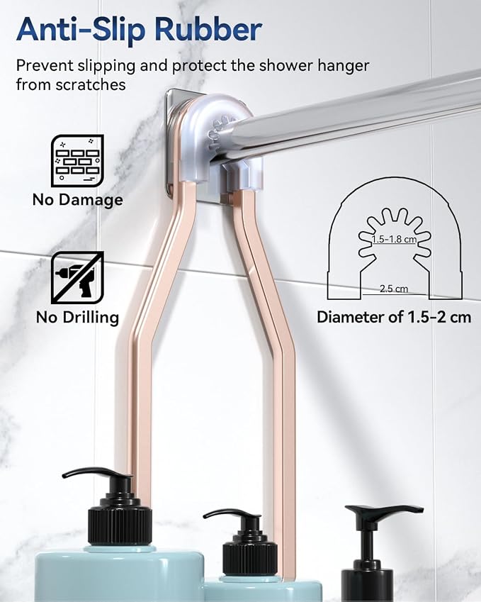 Never Rust Shower Caddy Hanging, Aluminum Shower Racks for Inside Shower, 3-Tier Shower Organizer Hanging Over Shower Head with Hooks and Soap Holder, Rose Gold