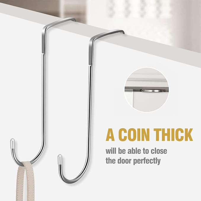 Tinfol 4 Pack Over The Door Hooks, Heavy Duty Stainless Steel Adjustable Double Hangers for Kitchen, Bathroom, Wardrobe, Office (Silver)