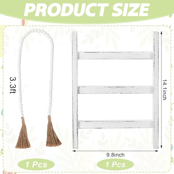 AceOrbit 2 Pcs 14'' Tea Towel Ladder with 3.3 ft Vintage Wood Bead Garland Small Decorative Ladder Hand Towel Stand Mini Blanket Holder Rack Kitchen Counter Farmhouse Rustic Bathroom Decor(White)