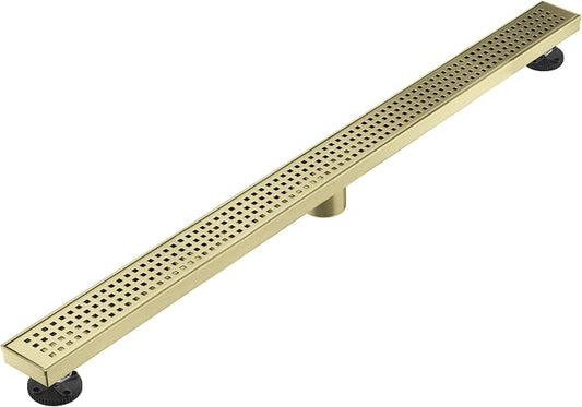 AVSIILE Linear Shower Floor Drain, Brushed Gold 48 Inch 304 Stainless Steel Bathroom Drains Kit, Long Rectangular Shower Trench Drain with Square Pattern Drain Cover & Hair Catcher