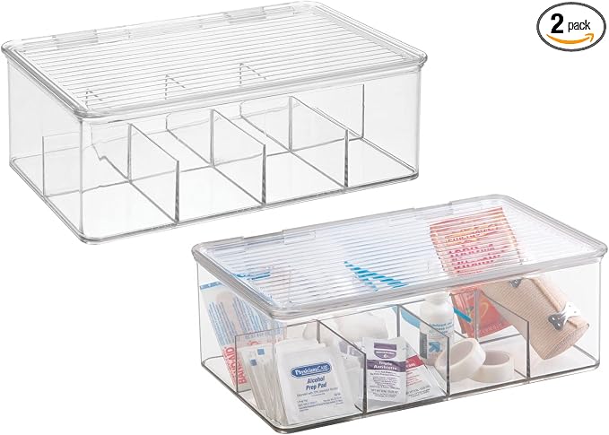 mDesign Plastic Divided First Aid Storage Box Kit with Hinge Lid for Bathroom, Kitchen, Cabinet, Closet - Organize Medicine, Ointments, Adhesive Bandages, Dental - 8 Sections, 2 Pack - Clear