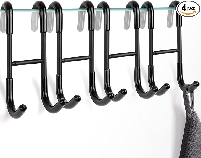 NINETREX Shower Door Hooks,Over Glass Door Hooks for Bathrooms Frameless Glass,Heavy Duty SUS 304 Stainless Steel Hook for Towels,Squeegee,Loofah,Shaver,Robe,4 Pack,Black