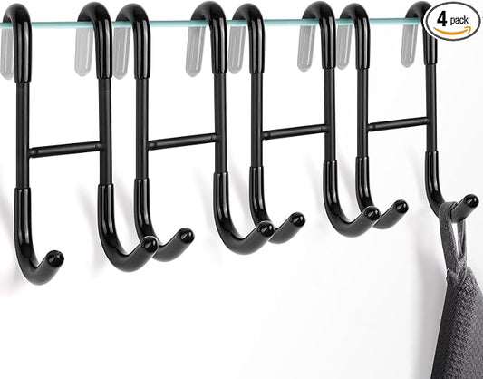 NINETREX Shower Door Hooks,Over Glass Door Hooks for Bathrooms Frameless Glass,Heavy Duty SUS 304 Stainless Steel Hook for Towels,Squeegee,Loofah,Shaver,Robe,4 Pack,Black