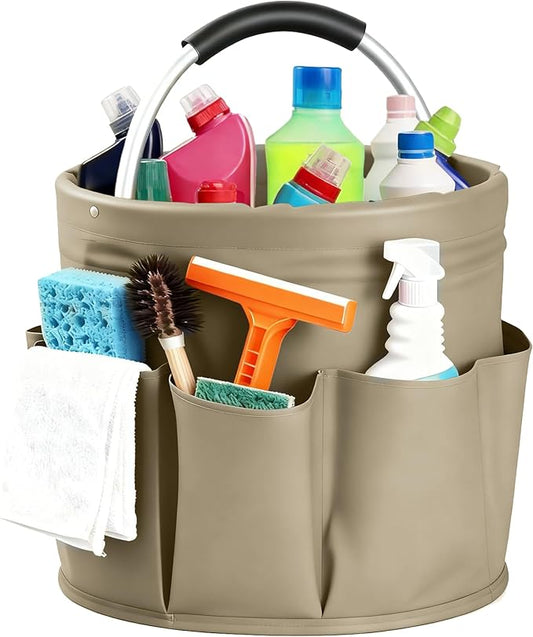 Cleaning Caddy with Handle, Cleaning Products Organiser, Foldable Storage Basket, Large Supply Organiser 17L with 6 Pockets, Portable Cleaning Caddy for Home & Garden (Khaki)