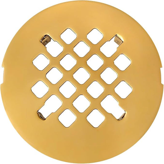 4 ¼” Polished Gold Snap-in Shower Drain Cover - Polished Brass Replacement - 4.25" OD Shower Drain Strainer - Easy Install - Premium Round Shower Drain Cover - Solid Brass Construction