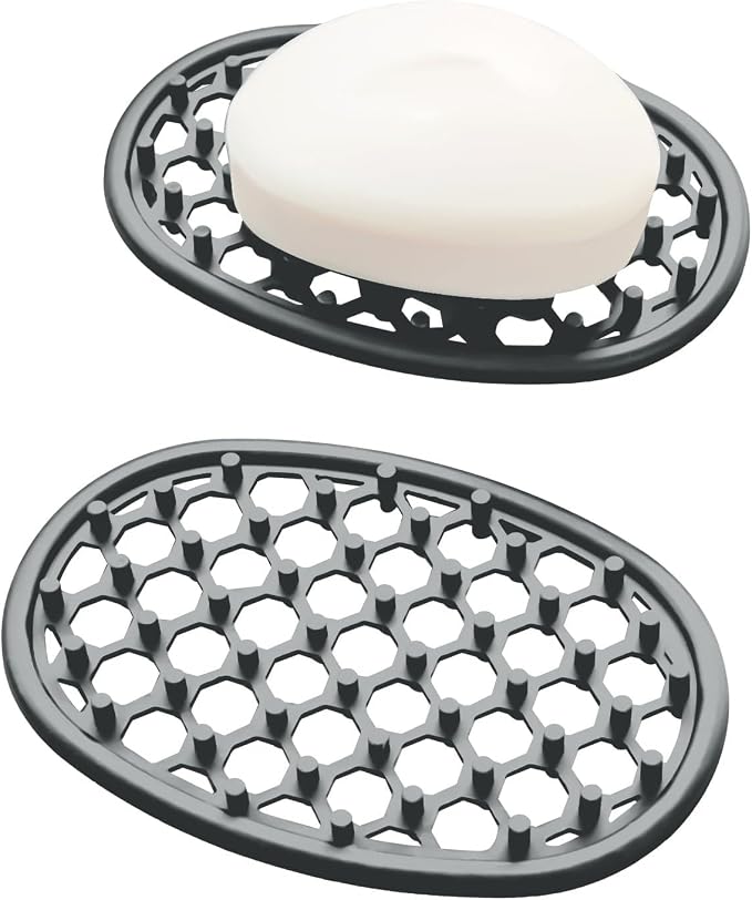 2 Pack Soap Dish for Shower, Non-Slip Silicone Bar Soap Holder with Efficient Drainage Holes for Bathroom Sink, Self Draining Soaps Saver Pad for Shower Niche, Shelf (Gray- 2Pcs)