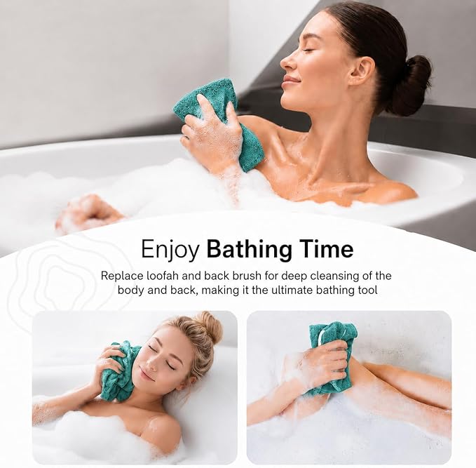 Exfoliating Washcloth Towel with Handle, Back Scrubber for Shower, Exfoliating Body Scrubber Exfoliator, Japanese Wash Cloth for Body Scrub, Bath Sponge Loofah Luffa Washer Exfoliator