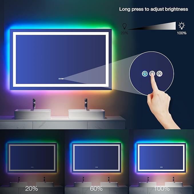 LOAAO 60"X28" RGB LED Bathroom Mirror with Lights, UL Listed | Anti-Fog, Dimmable, RGB Backlit + Front Lighted, Memory Function, Tempered Glass