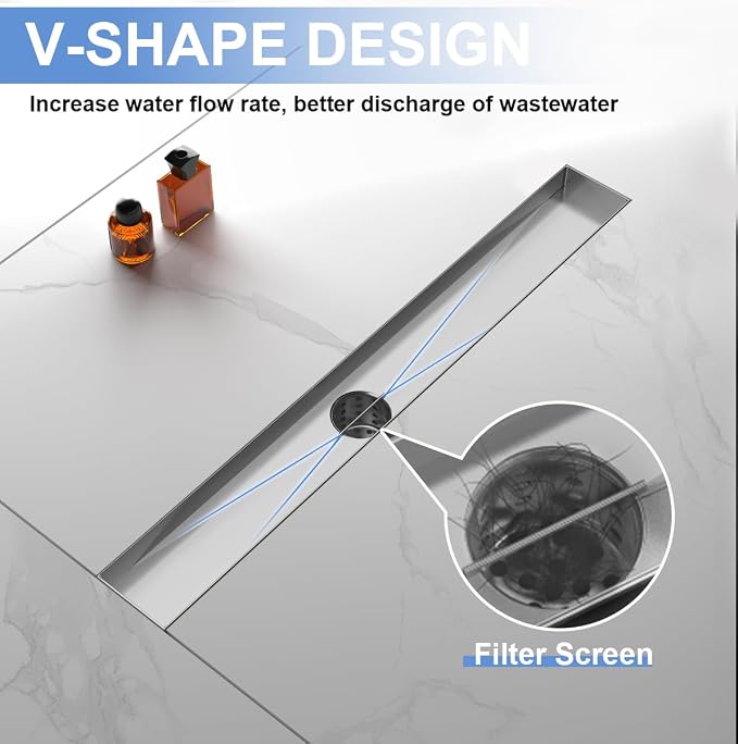 24-Inch Linear Shower Drain with Tile Insert Grate, SUS 304 Stainless Steel Linear Drain, Brushed Nickel Long Rectangle Shower Floor Drain with Leveling Feet, Hair Strainer, Fits Bathroom