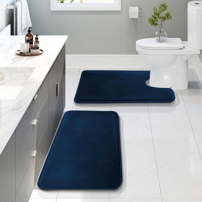 Clara Clark 2 Piece Bathroom Rugs, Velvet Memory Foam Bath Mat Set, Non-Slip Bath Rugs, Machine Wash, Dries Quickly, Ultra Soft Plush Bath Mats for Bathroom, 17 x 24 + Contour, Blue