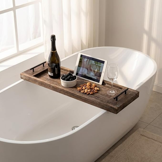 Hanobe Bathtub Tray Bath Caddy: Wood Bath Tub Trays Table Board - Rustic Bathtub Shelf Across Tub - Long Wooden Serving Tray with Handles for Bathroom, 31"