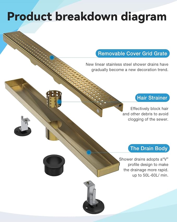 Titanium Gold Shower Drain, 36 Inch Linear Shower Drain with Removable Square Hole Cover Grate, Bathroom 304 Stainless Steel Brushed Gold Shower Floor Drain with Adjustable Feet,Hair Strainer