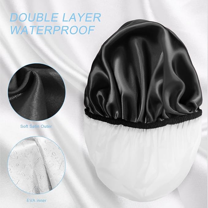 Aquior Shower Cap,4-Pack Large Shower Caps for Women Long Hair, Premium Soft Silky Satin Reusable Hair Cap For All Hair Lengths And Big Hairstyles