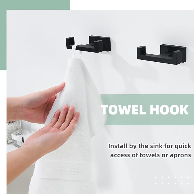 APLusee Double Bath Towel Hook 2 Pack, 304 Stainless Steel Square Dual Coat Holder, Modern Bathroom Kitchen Storage Hanger Wall Mounted, Matte Black