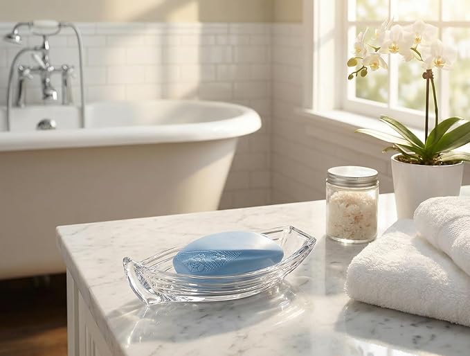 Boat Clear Glass Soap Dish with Drainage,Bar Soap Holder | Self Draining Soap Dish for Shower,Soap Tray,Soap Holder for Bathroom Sink,Vanity&Kitchen,Beach Theme Bathroom Accessory.
