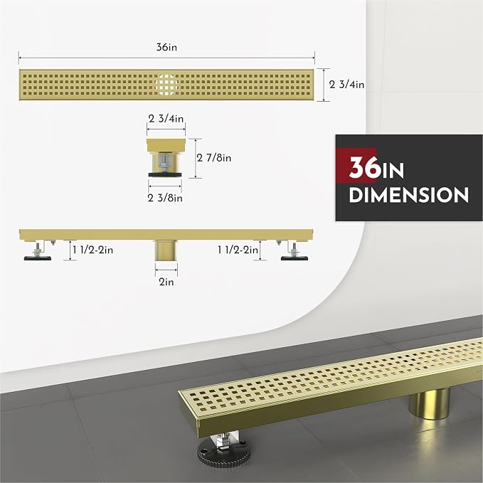 WEBANG 36 Inch Linear Shower Drain Rectangular Floor Drain with Accessories Square Hole Pattern Cover Grate Removable SUS304 Stainless Steel CUPC Certified Brushed Gold