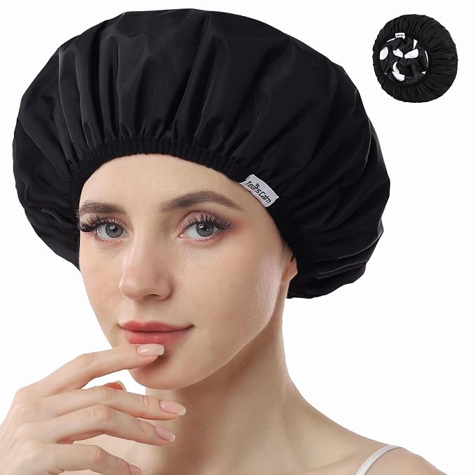 Years calm Shower Caps for Women Reusable Waterproof Double Layer Hair Cap | Both Sides Usable, Reversible Pattern & Solid Color Design, Soft Elastic Keeps Hair Dry for shower Spa Travel