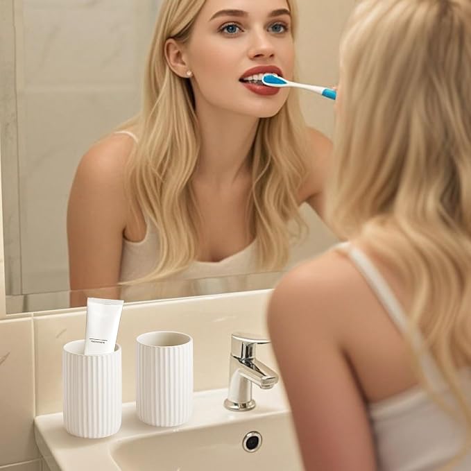 Toothbrush Holders for Bathrooms, Ceramic Tooth Brush Holder Set, Ribbed Bathroom Cups Tumbler, Reusable Toothbrush Mouthwash Cup, Toothpaste Holder Toothbrush Organizer for Bathroom Counter