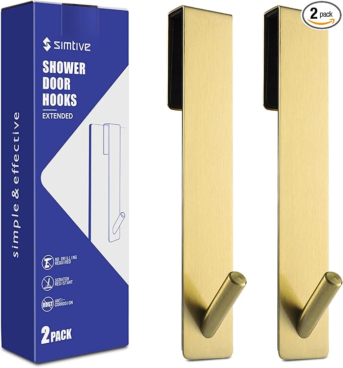 Simtive Extended Shower Door Hooks (7-Inch), Over Door Hooks for Bathroom Frameless Glass Shower Door, Towel Hooks, 2-Pack, Gold