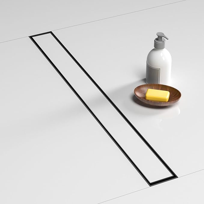 BARONAGE 32 Inch Linear Shower Drain, Rectangle Shower Floor Drain with 2-in-1 Flat & Tile Insert Cover, 304 Stainless Steel Bathroom Drains with Hair Catcher and Leveling Feet (Matte Black)
