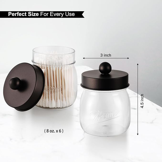 SheeChung 6 Pack Acrylic Mason Jar Qtip Holder Dispenser with Labels,Bronze | Small Plastic Apothecary Jars,Vanity Canisters for Cotton Swabs,Balls,Floss Picks,Bathroom Storage Organizers,Farmhouse Decor