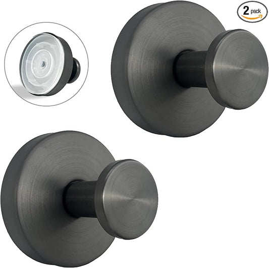 Suction Cup Hooks for Shower - 2 Pack, Gray - Stainless Steel, Strong Suction, No Drill, Removable Hanger, Tile Bathroom Kitchen Wall, Glass Door, Mirror Hook Hanging Robe, Towel Holder