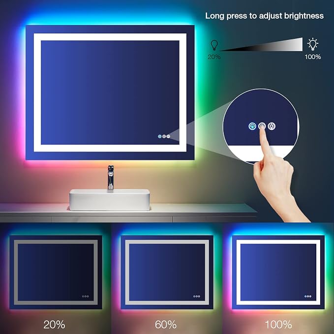 LOAAO 48"X28" LED Bathroom Mirror with Lights, UL Listed | Anti-Fog, Dimmable, RGB Backlit + Front Lighted, Memory Function, Tempered Glass
