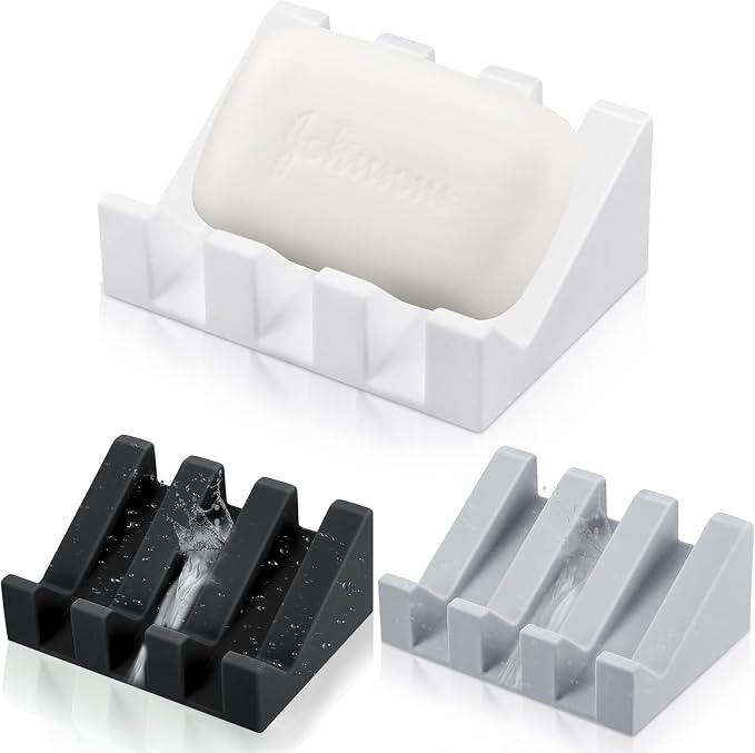 Cunhill 3 Pieces Silicone Soap Dish Self Draining Soap Dish Shower Waterfall Bar Soap Holder Tray with Drain Soap Saver for Kitchen Bathroom Accessories (Light Gray,Bright White,Black)