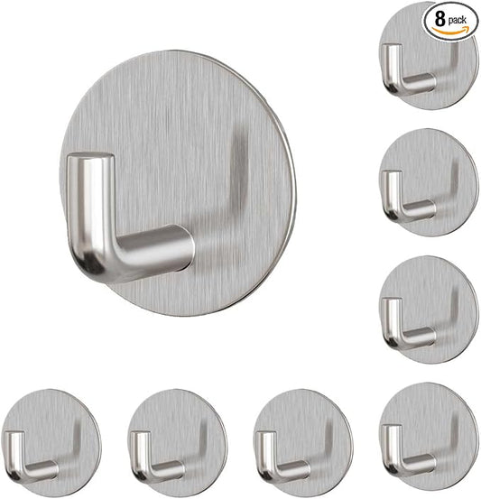 8 Pack Silver Adhesive Wall Hooks, Towel Hooks for Bathrooms, Sticky Hooks for Hanging, Stick on Wall Mount for Bathroom Kitchen Bedroom No Drill