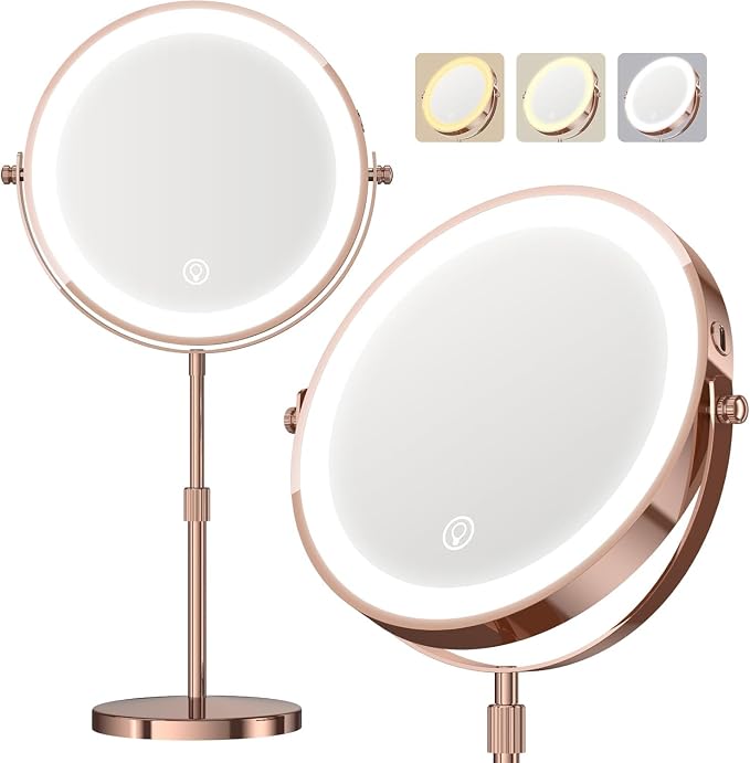 Dienmern Makeup Mirror, 1X/20X Rechargeable Vanity Mirror with Lights | Double-Sided, 5000mAh, 3 Color Dimmable Brightness, Magnification, 360° Rotation, for Dorm, Room Essentials, Women Gift