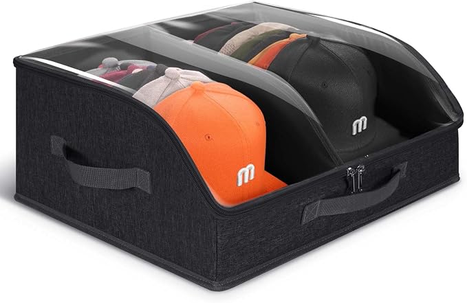Hat Organizer for Baseball Caps, 2 Compartments Clear Window Hat Box for Closet Hold Up to 24 Caps, Hat Storage Holder Container with Sturdy Cardboard for Home Storage | Black