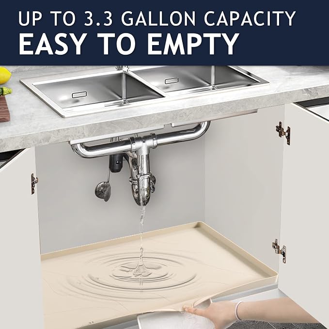 Heavy Duty Silicone Under Sink Mats for Kitchen Waterproof 19" x 19", Extra Thick Under Sink Rubber Mat Drip Tray, Raised Edge Under Sink Liner,Prevent Drips, Leaks, Spills,Beige