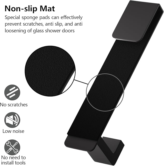 PMMASTO Shower Door Hooks, 7.5 Inch Extended Stainless Steel Heavy Duty Towel Hooks for Bathroom Frameless Glass Shower Door, L Shape Hooks for Hanger Robe, Towel, Black, 2 Pack