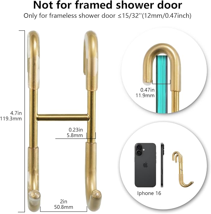 NINETREX Shower Door Hooks,Over Glass Door Hooks for Bathrooms Frameless Glass,Heavy Duty SUS 304 Stainless Steel Hook for Towels,Squeegee,Loofah,Shaver,Robe,2 Pack,Gold