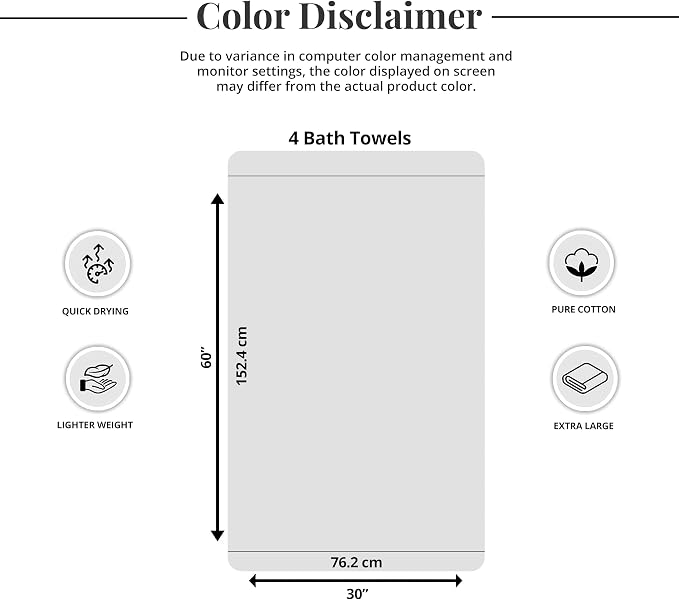 4 Piece Extra Large Bath Towels 30 x 60 Inches, Black | 100% Cotton, Larger & Lighter Weight, Quicker to Dry, Super Soft and Absorbent, Perfect for Bathroom