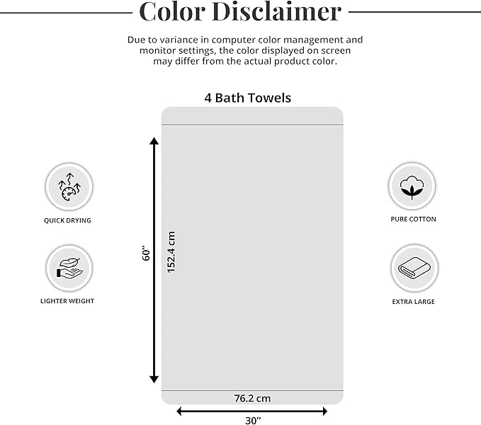 4 Piece Extra Large Bath Towels 30 x 60 Inches, Beige | 100% Cotton, Larger & Lighter Weight, Quicker to Dry, Super Soft and Absorbent, Perfect for Bathroom