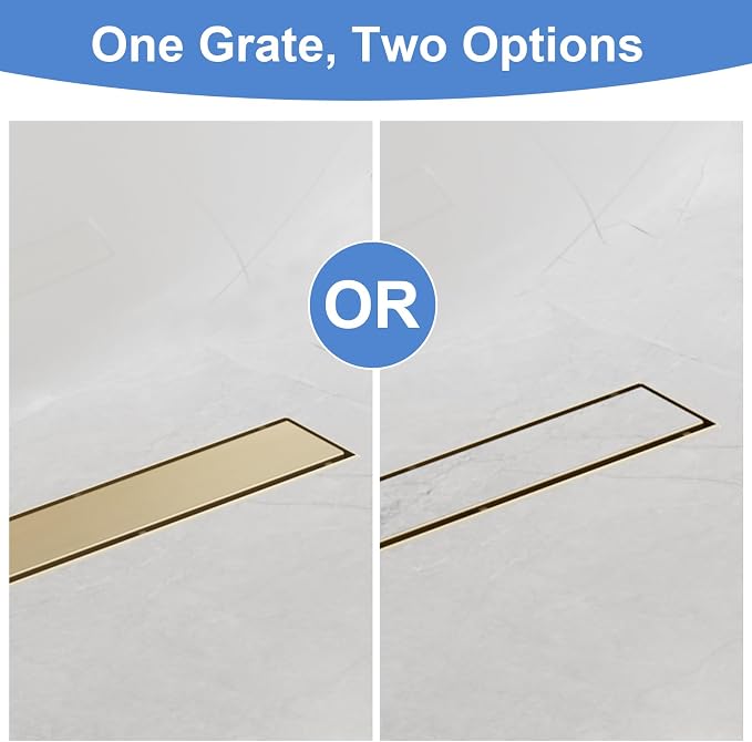 36-Inch Linear Shower Drain with Tile Insert Grate, SUS 304 Stainless Steel Linear Drain, Brushed Gold Long Rectangle Shower Floor Drain with Leveling Feet, Hair Strainer, Fits Bathroom