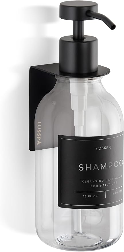Shower Shampoo Dispenser Wall Mounted – Refillable 16.9 oz Clear Bottle with Stainless Steel Pump & No-Drill Adhesive Holder – Soap Dispenser for Bathroom (1 X Clear/Black)