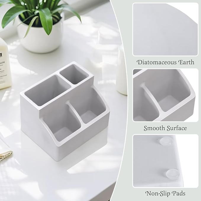 Luxspire Diatomite Toothbrush Holder, 4 Slots, Light Gray | Fast Drying, Diatomaceous Earth, Electric Tooth Brush and Toothpaste Organizer, For Bathroom Kitchen Vanity Countertop
